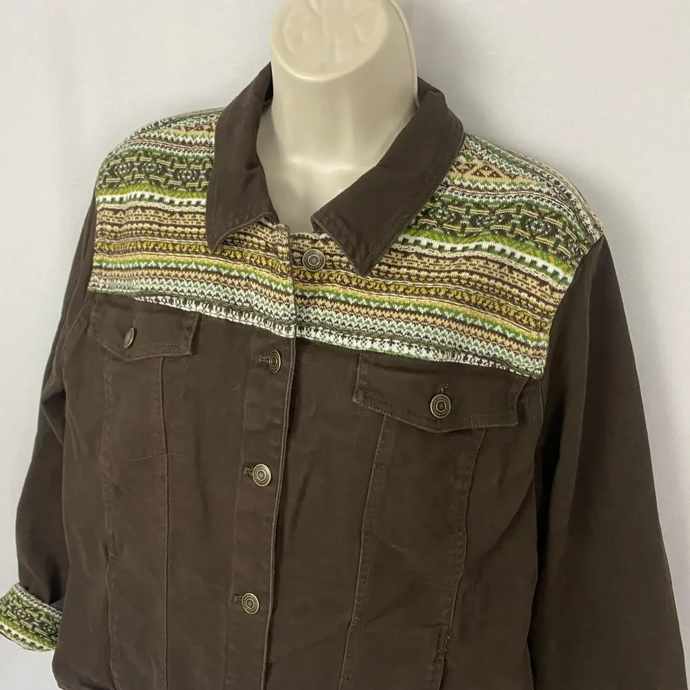 Denim & Co Jacket Womens Large Brown Trucker Southwestern Knit Trim Boho Trucker